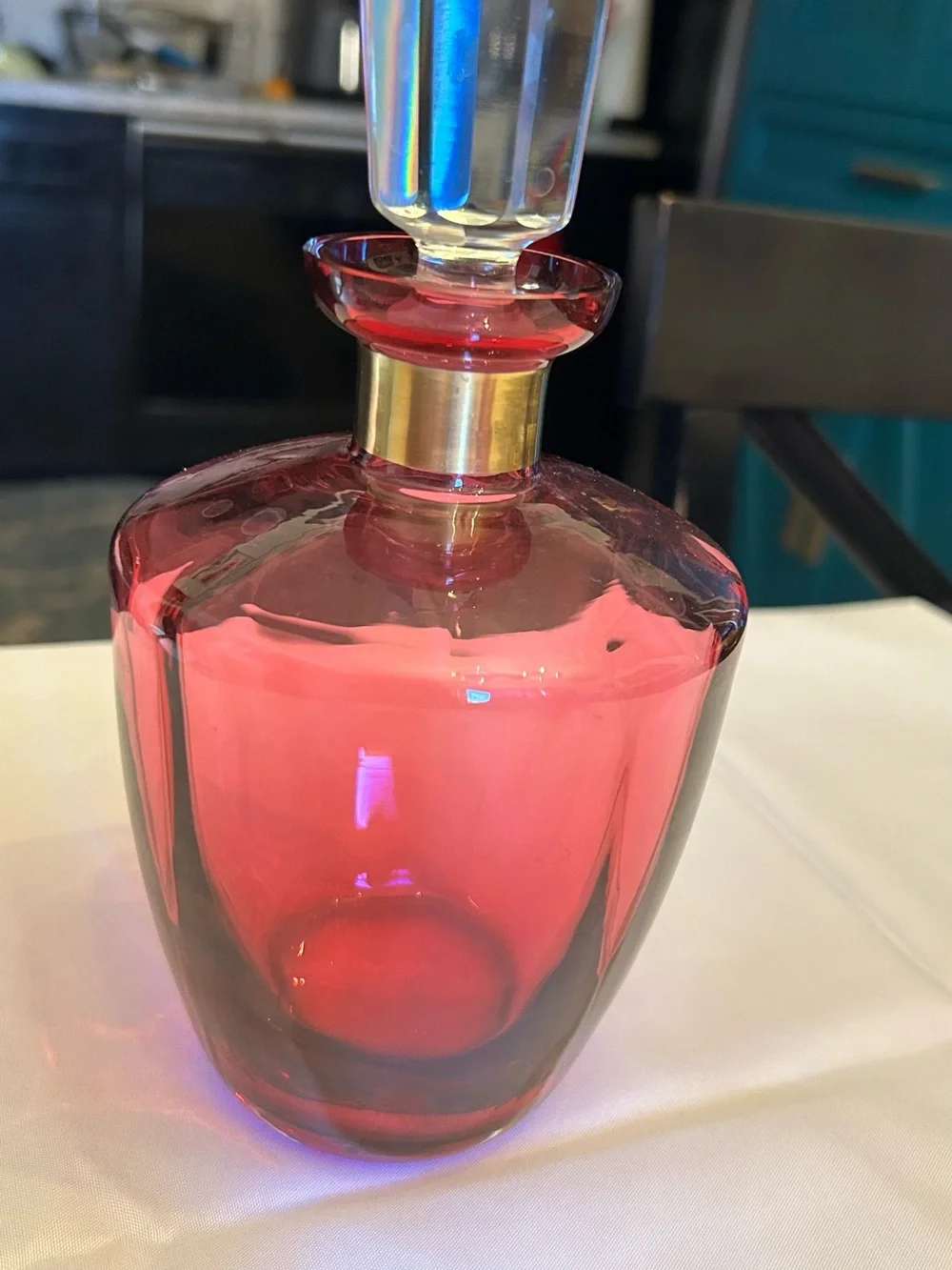 Red Glass Decanter with Gold Collar